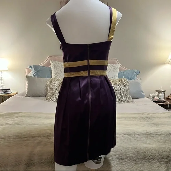 MINUET Purple Gold S Sleeveless Short Formal Stretch Natural Waist Pencil Dress - Picture 7 of 17